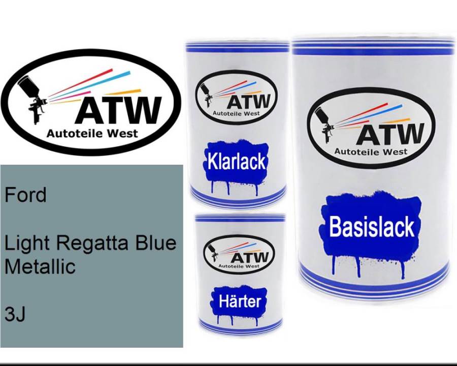 Ford, Light Regatta Blue Metallic, 3J: 500ml Lackdose + 500ml Klarlack + 250ml Härter - Set, von ATW Autoteile West.